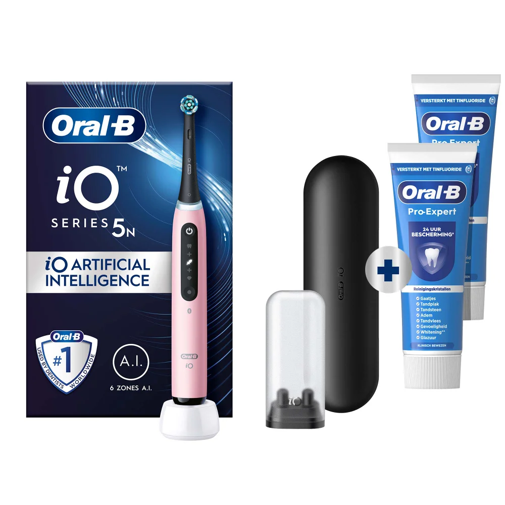 Oral-B iO Series 5N AI tandenborstel met reisetui en Pro-Expert tandpasta.