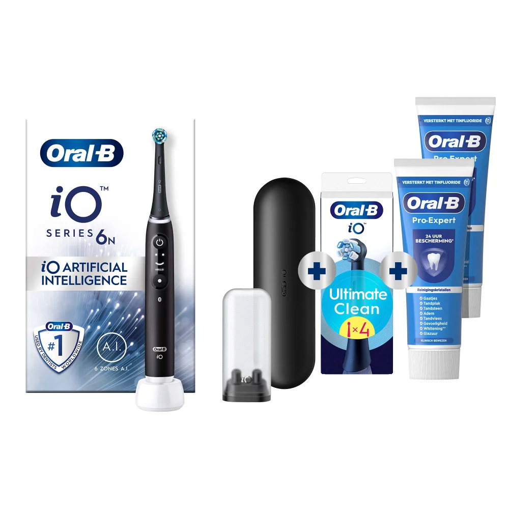 Oral-B iO Series 6N tandenborstel met AI, reisetui, 4 opzetborstels en 2 tubes tandpasta.