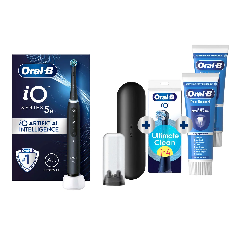 Oral-B iO Series 5N tandenborstel met AI, reisetui, Ultimate Clean opzetborstels en Pro-Expert tandpasta.