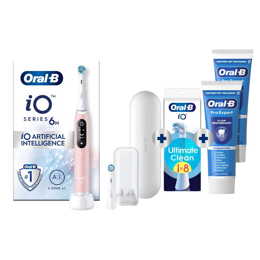 Oral-B iO Series 6N tandenborstel met opzetborstels, reisetui en Pro-Expert tandpasta.