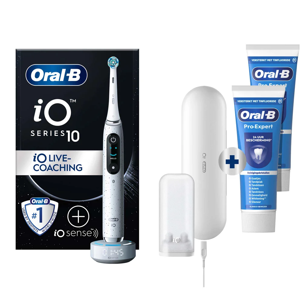Oral-B iO Series 10 tandenborstel met iO Live Coaching en 24 uur beschermende tandpasta.
