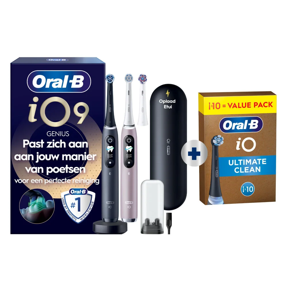 Elektrische tandenborstel met gloeiende effecten. Tekst: Past zich direct aan jouw poetsstijl aan