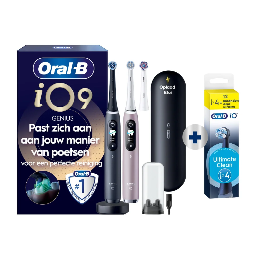 Elektrische tandenborstel met gloeiende effecten. Tekst: Past zich direct aan jouw poetsstijl aan