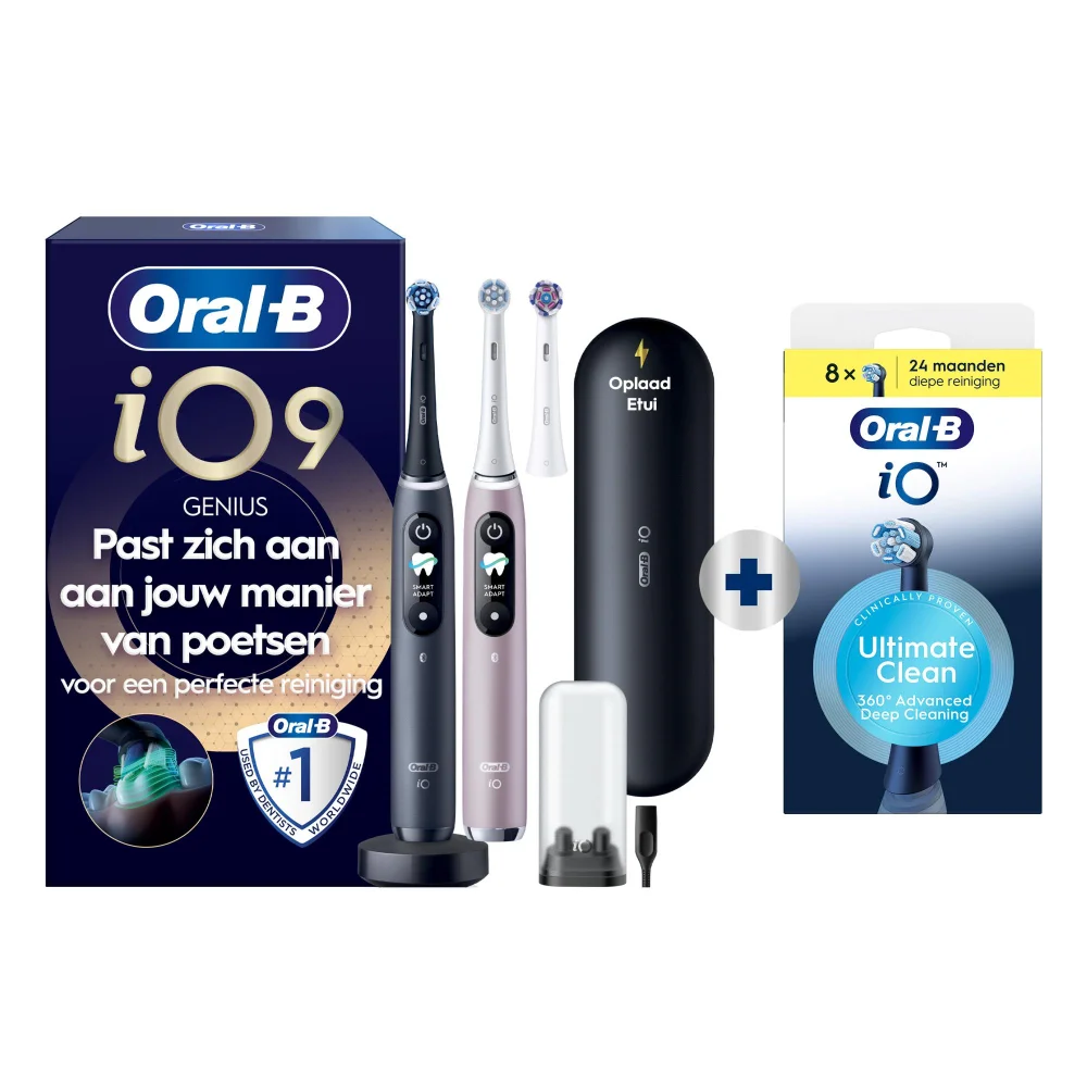Elektrische tandenborstel met gloeiende effecten. Tekst: Past zich direct aan jouw poetsstijl aan