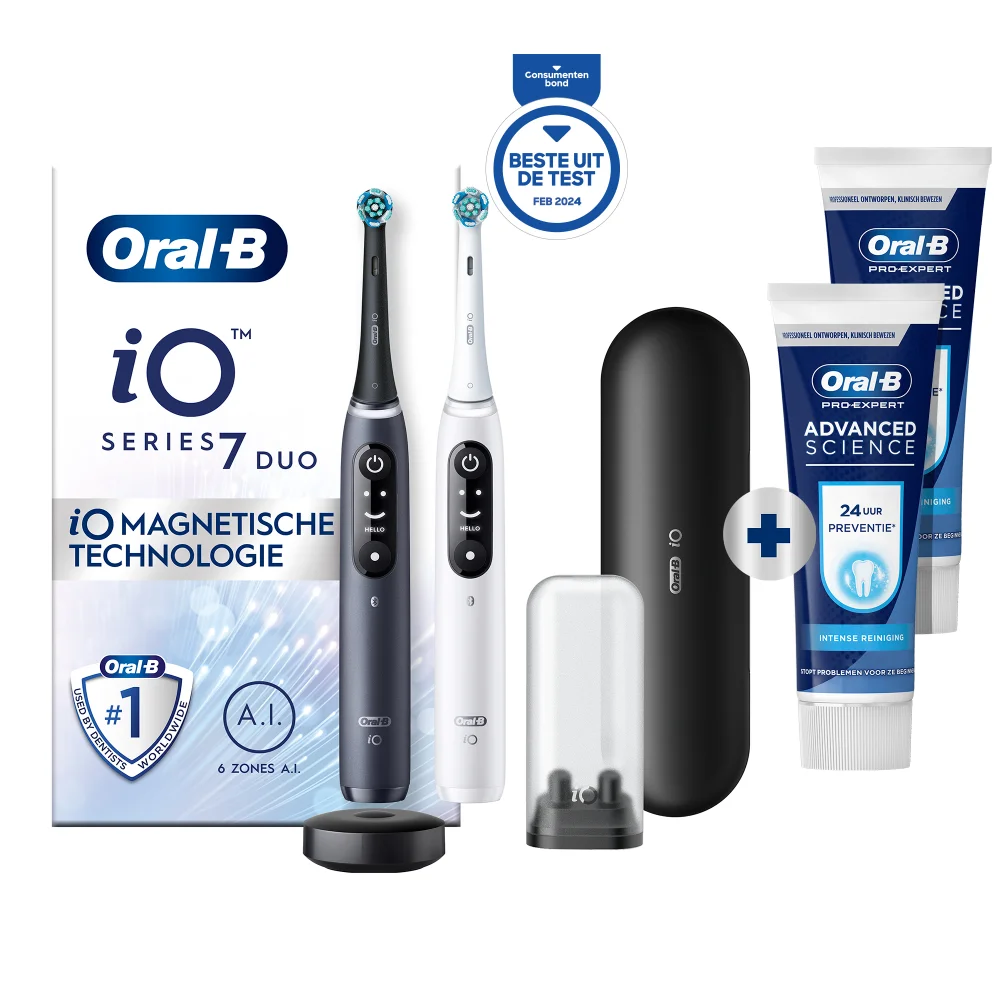 Oral-B iO Series 7 Duo elektrische tandenborstels, Beste uit de Test Feb 2024, met tandpasta.