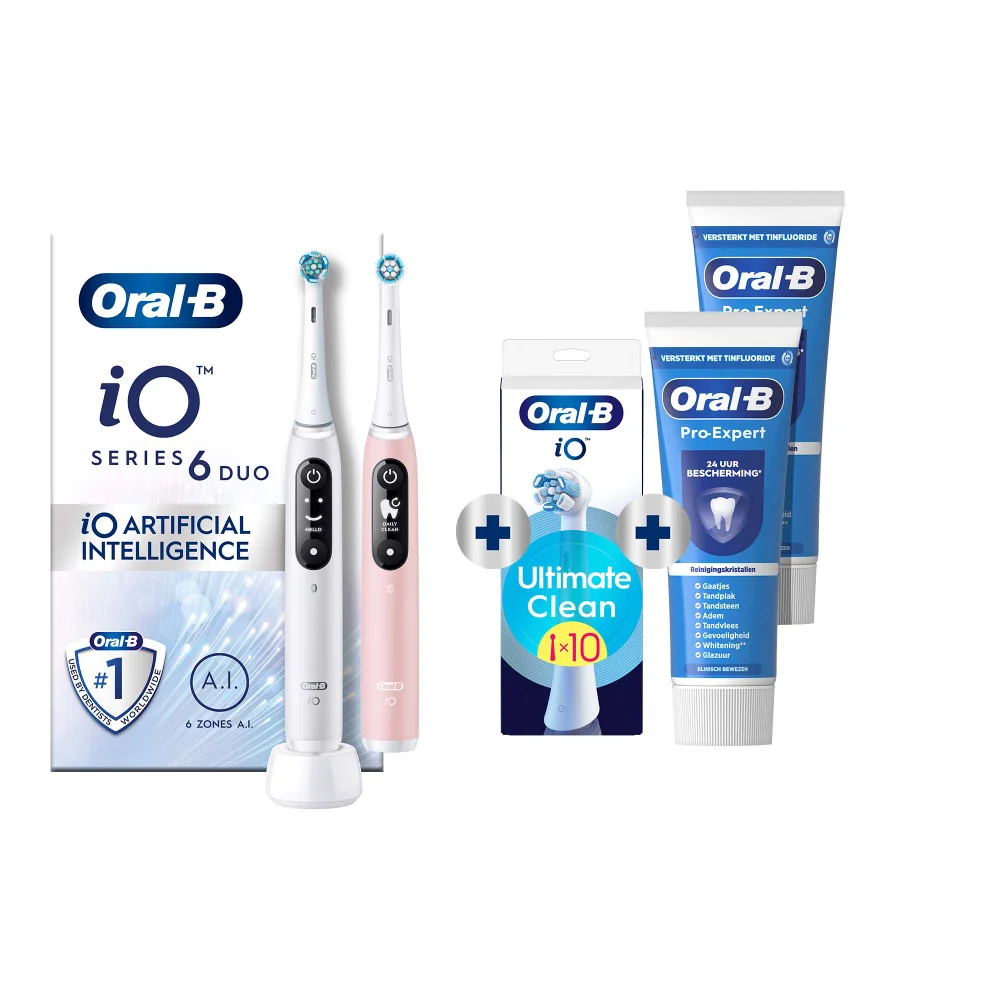 Oral-B iO Series 6 Duo tandenborstelset met AI, opzetborstels en Pro-Expert tandpasta.