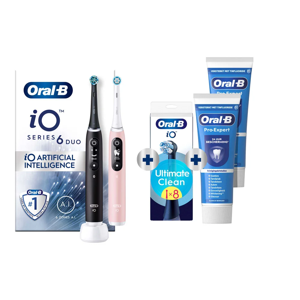 Oral-B iO Series 6 DUO tandenborstels met AI, Ultimate Clean opzetborstels en Pro-Expert tandpasta.