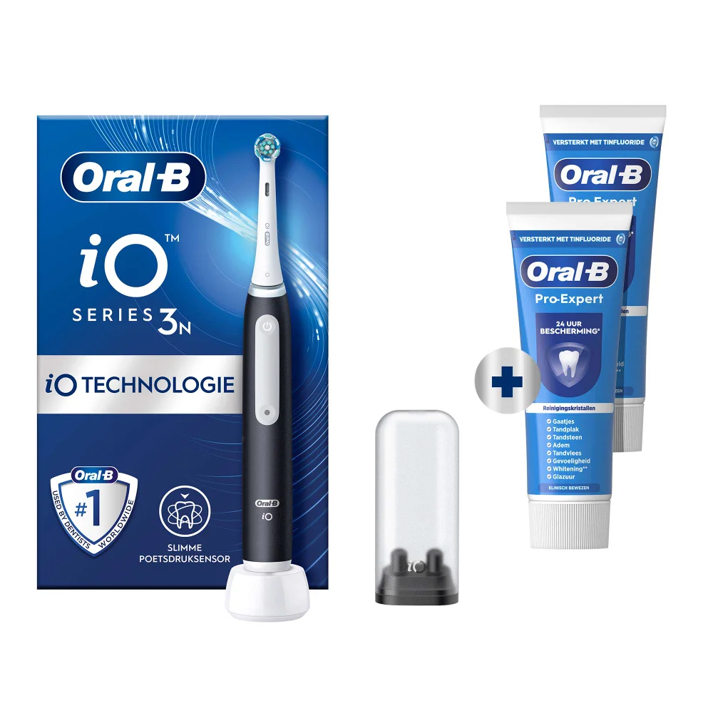 Oral-B iO Series 3N elektrische tandenborstel, lader, opzetborstelhouder en Pro-Expert tandpasta.