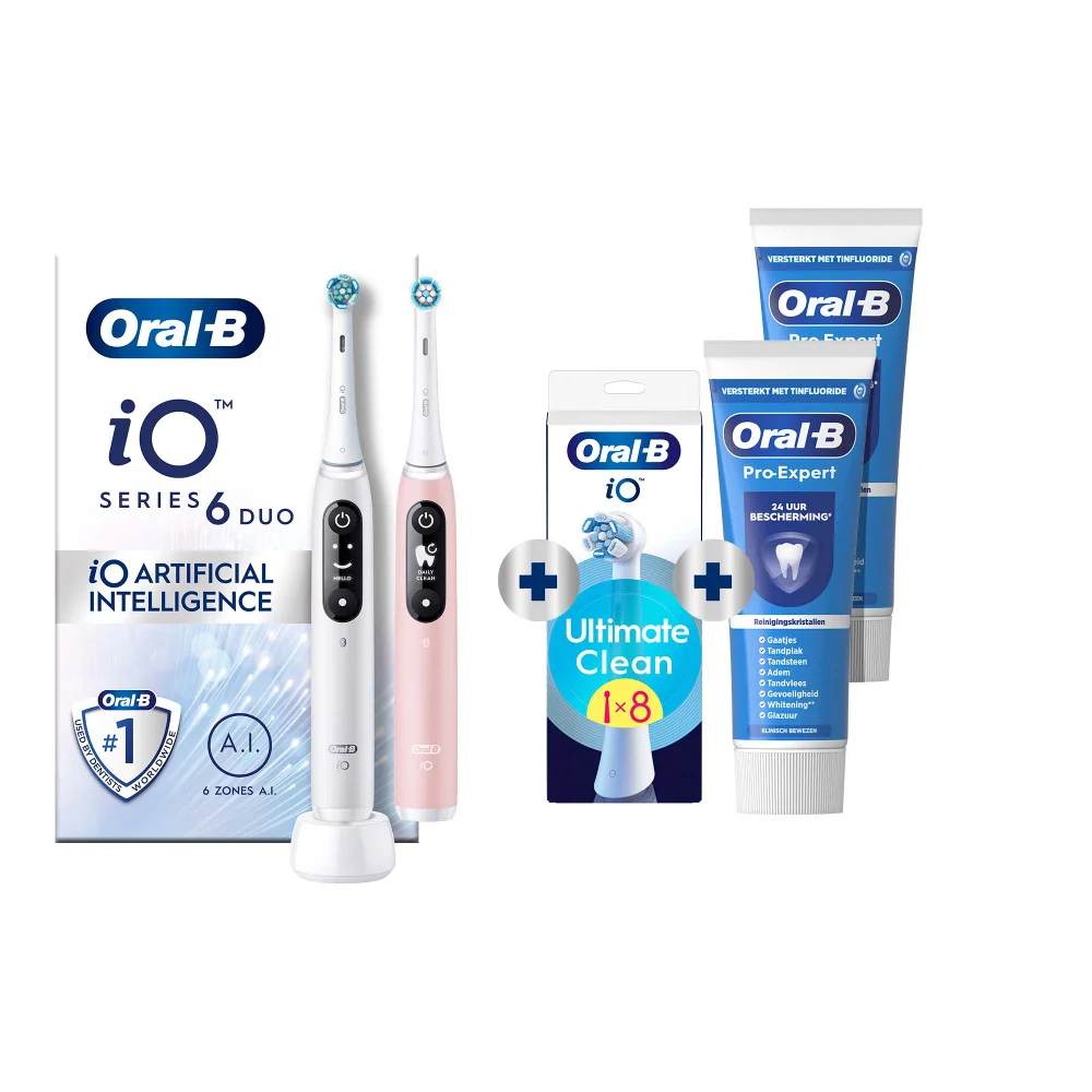 Oral-B iO Series 6 Duo tandenborstelset met 8 Ultimate Clean opzetborstels en 2 Pro-Expert tandpasta's.