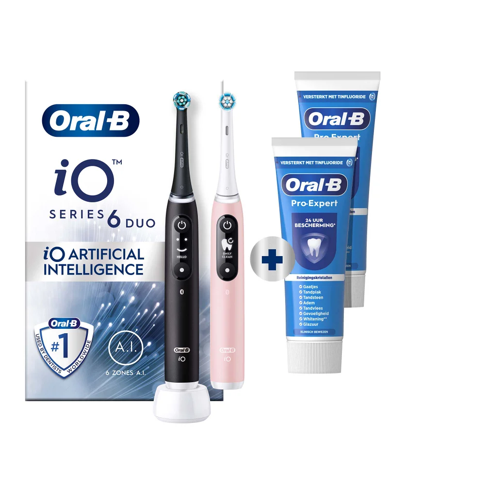 Oral-B iO Series 6 DUO tandenborstels met twee tubes Pro-Expert tandpasta.