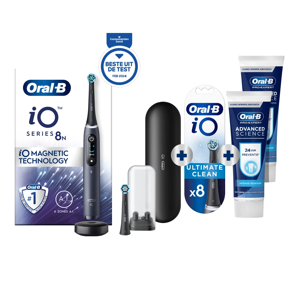 Oral-B iO 8N Elektrische Tandenborstel Zwart + 8 Opzetborstels + 2 Pro-Expert Tandpasta's Afbeelding 1