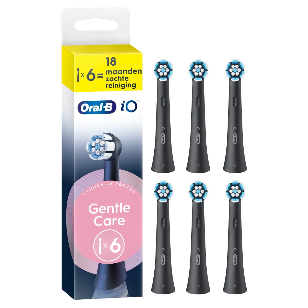Oral-B iO opzetborstels, verpakking met 6 stuks, voor 18 maanden zachte reiniging en klinisch bewezen zachte verzorging.