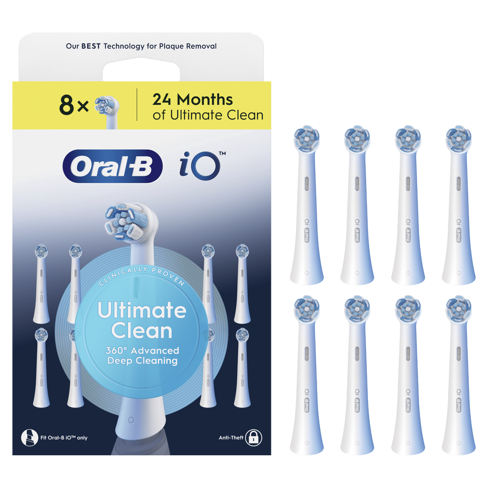 Oral-B iO opzetborstels, verpakking met 8 stuks voor 24 maanden ultieme reiniging, met 360° geavanceerde diepe reiniging.