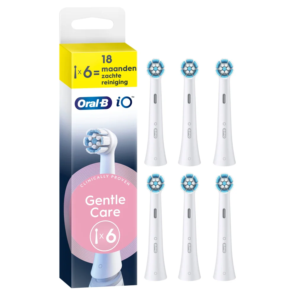 Oral-B iO opzetborstels, verpakking met 6 stuks, voor 18 maanden zachte reiniging en klinisch bewezen Gentle Care.