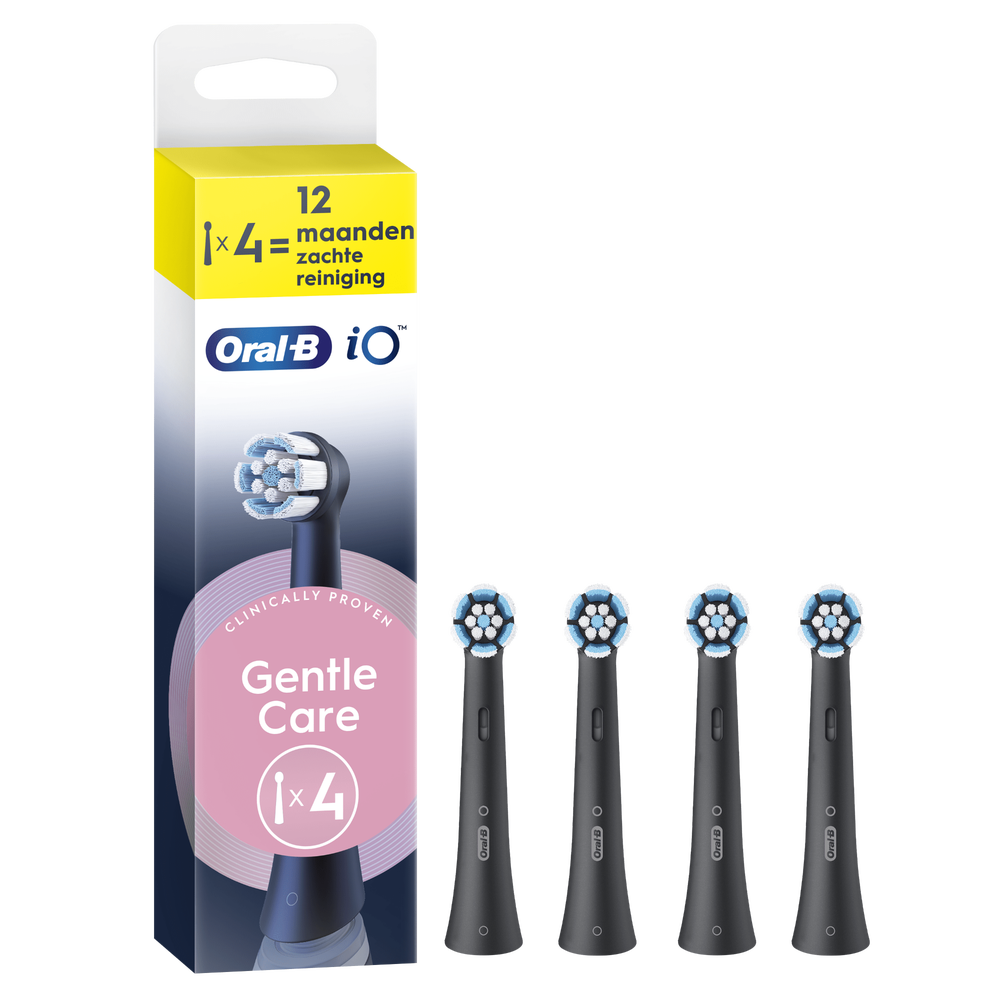 Oral-B iO Gentle Care opzetborstels, verpakking met de claim 100% gezonder tandvlees in 1 week.