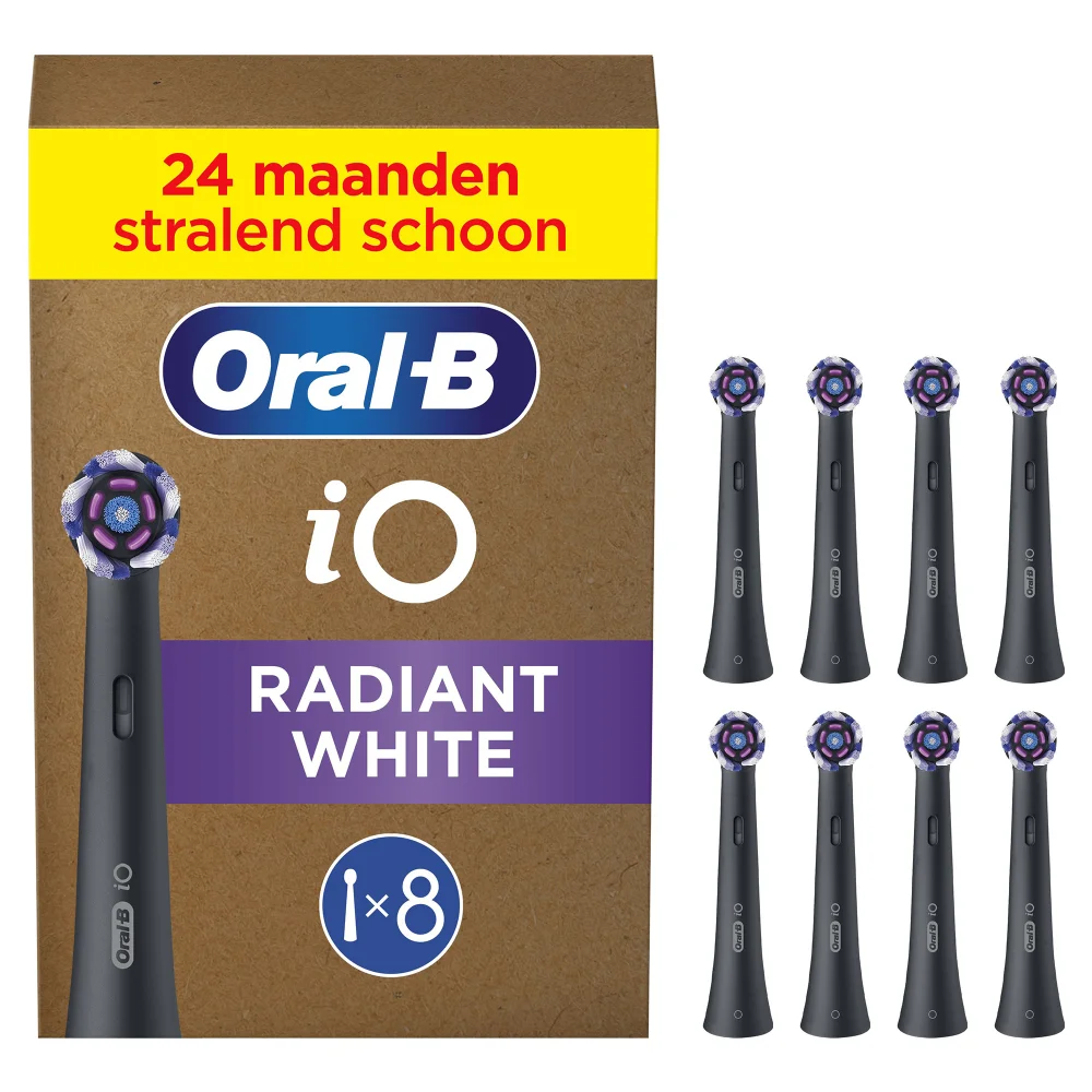 Oral-B iO Radiant White verpakking met 8 opzetborstels voor volwassenen.