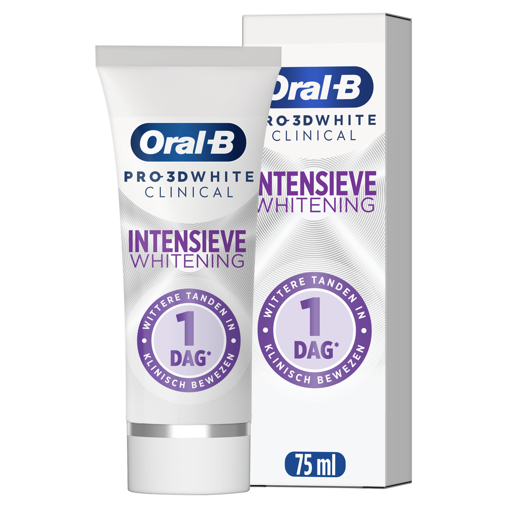 Oral-B Pro-3D White Clinical tandpasta tube en verpakking, met de claim 'wittere tanden in 1 dag'.