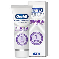 Oral-B Pro-3D White Clinical tandpasta tube en verpakking, met de claim 'wittere tanden in 1 dag'.