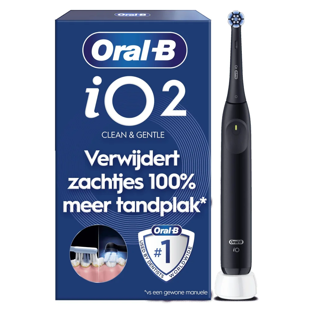 Oral-B iO2 elektrische tandenborstel verpakking, 100% meer tandplakverwijdering.