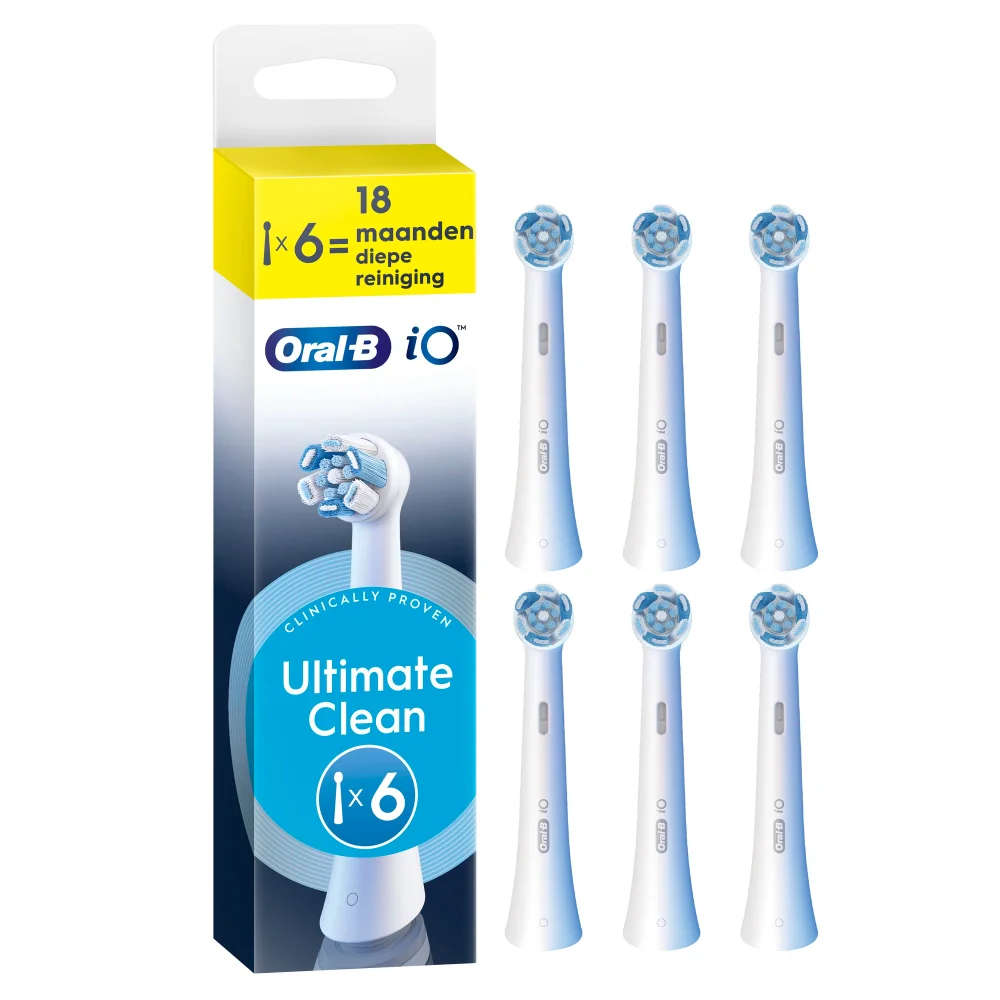Oral-B iO opzetborstels, verpakking met de claim Ultimate Clean 360° geavanceerde dieptereiniging en 6 stuks voor 18 maanden gebruik.