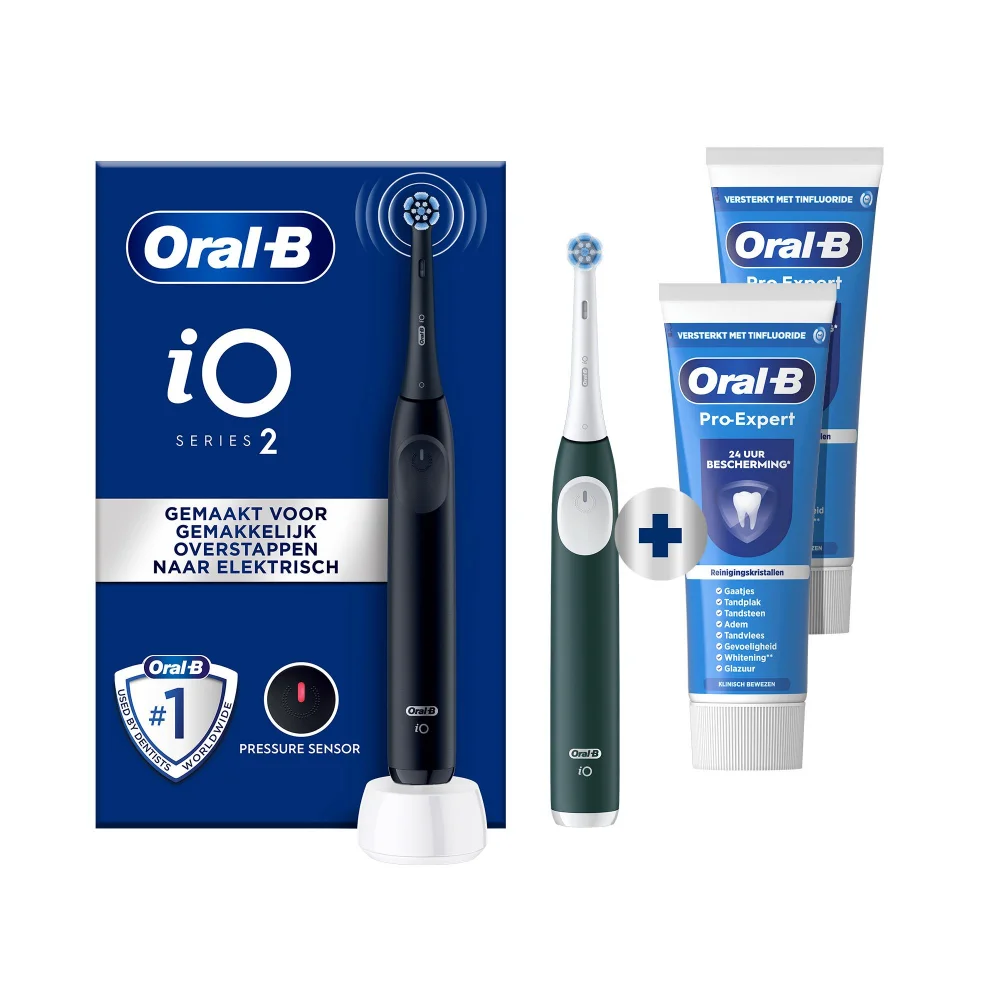 Oral-B iO Series 2 en groene iO tandenborstel met Pro-Expert tandpasta, voor makkelijk overstappen.