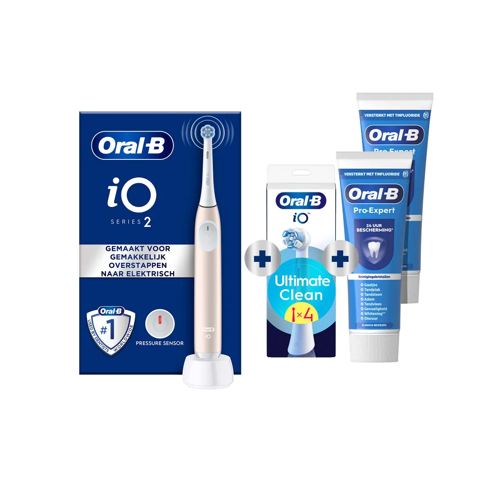 Oral-B iO Series 2 tandenborstel, incl. 4 Ultimate Clean opzetborstels en 2 Pro-Expert tandpasta's.