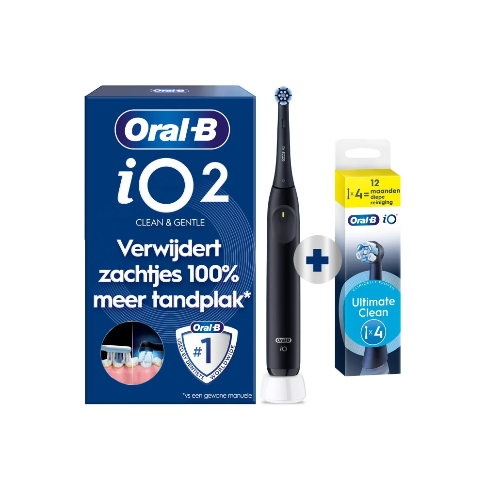 Oral-B iO2 elektrische tandenborstel met verpakking, met de claim van 100% meer tankplak verwijdering, zelfs op moeilijk bereikbare plaatsen.