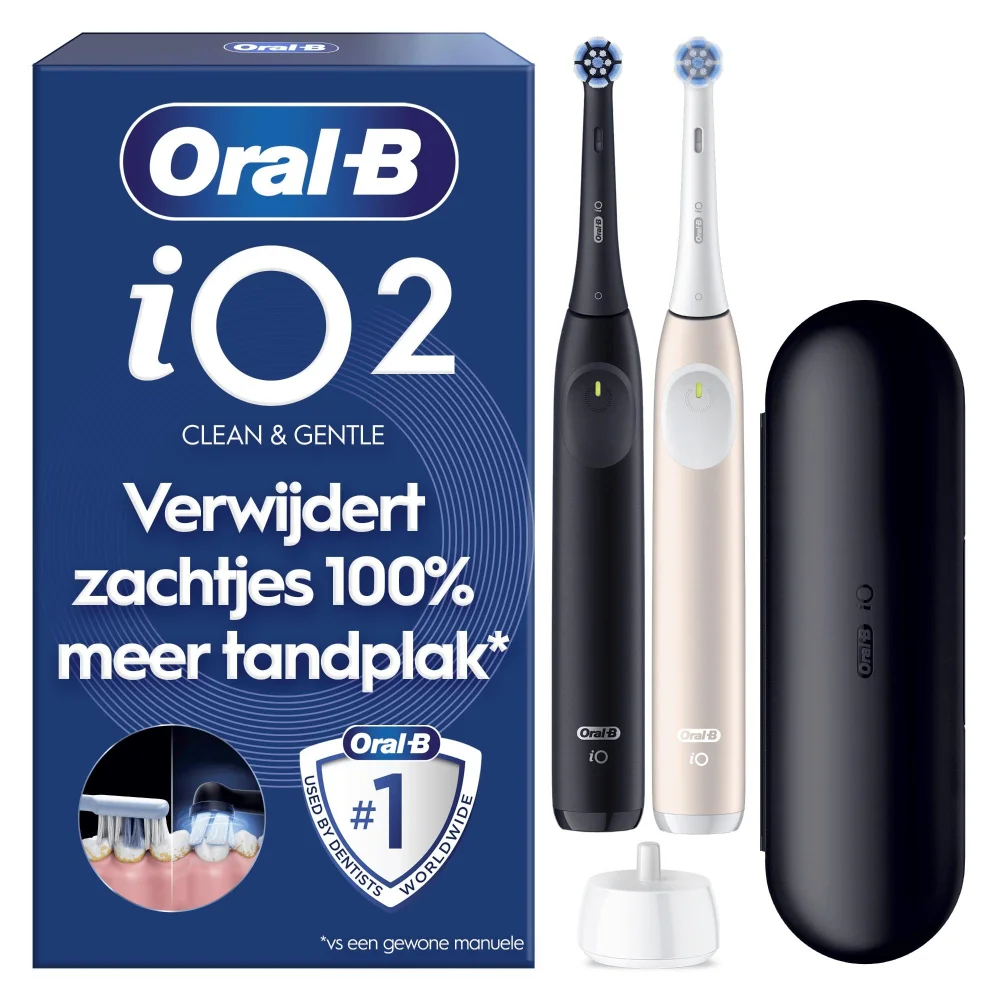 Oral-B iO2 elektrische tandenborstel duo-verpakking, vermeldt 100% meer tandplak te verwijderen.
