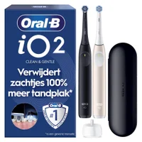Oral-B iO2 elektrische tandenborstel duo-verpakking, vermeldt 100% meer tandplak te verwijderen.