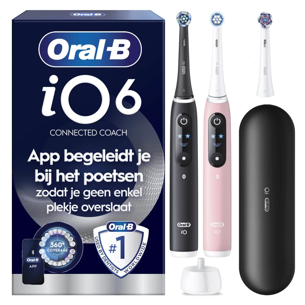 Oral-B iO 6 Elektrische Tandenborstel | Dubbelpak | Zwart en Roze | 3 Opzetborstels|Premium Reisetui Afbeelding 1