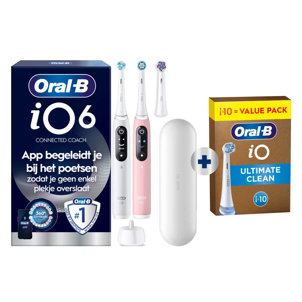 Oral-B iO 6 Elektrische Tandenborstels Wit & Roze Duoverpakking + 10 Opzetborstels