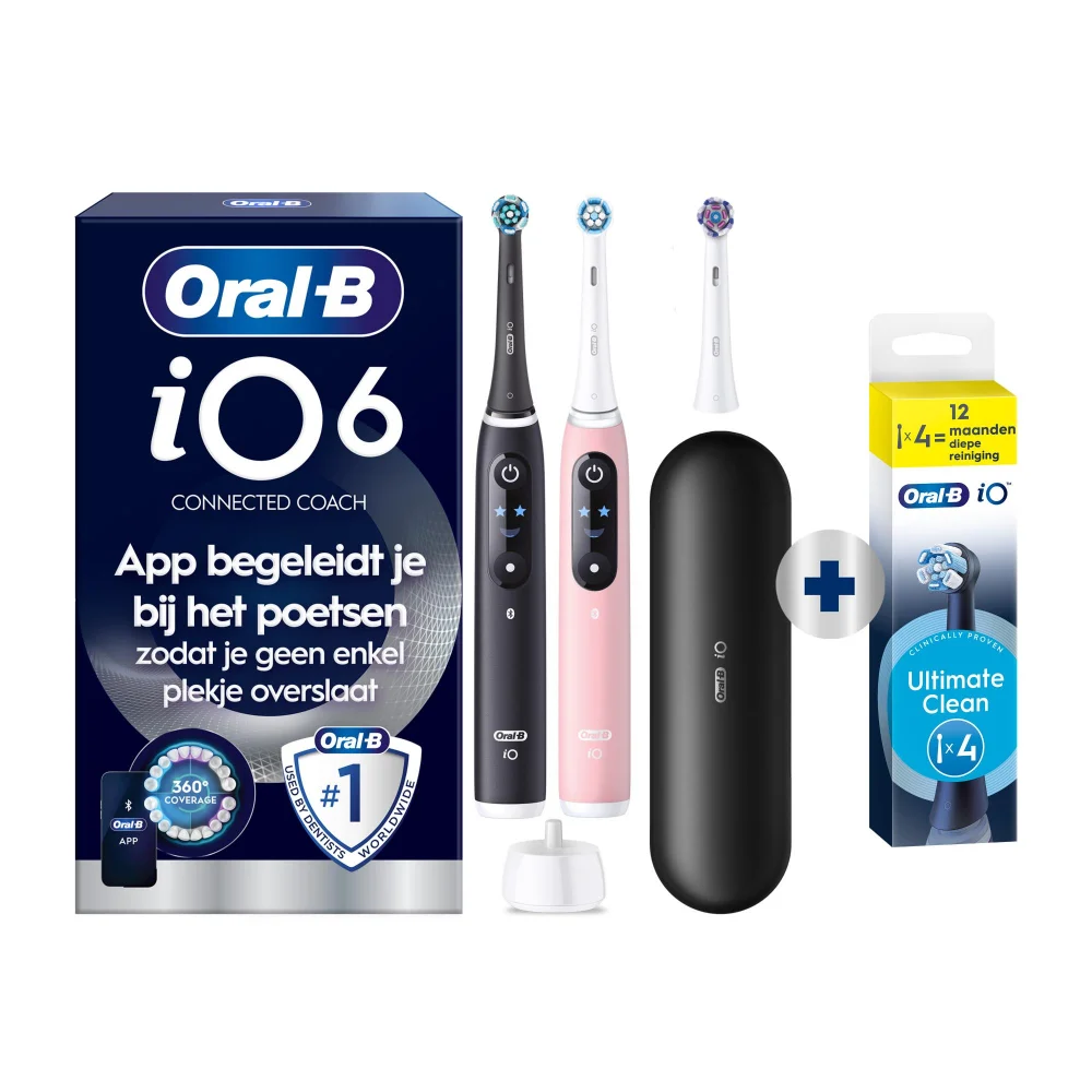 Oral-B iO 6 Elektrische Tandenborstels Zwart & Roze Duoverpakking + 4 Opzetborstels