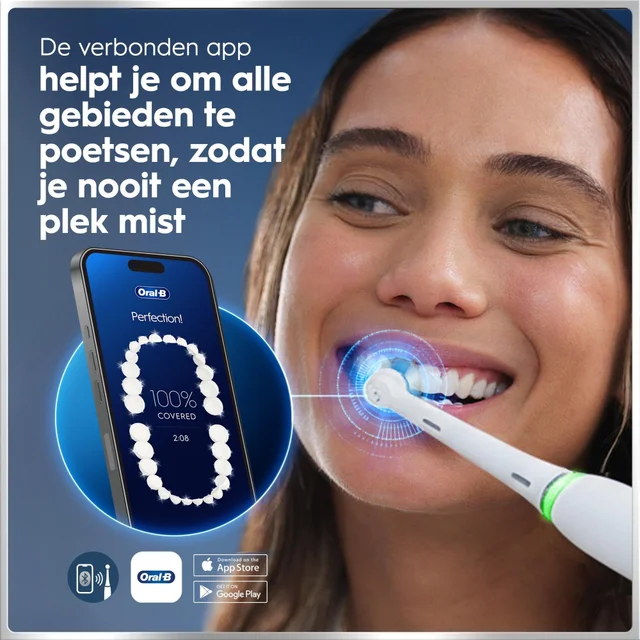 App voor tandenborstel toont poetsdekking en helpt gebieden niet te missen, met smartphone-display en elektrische borstel.