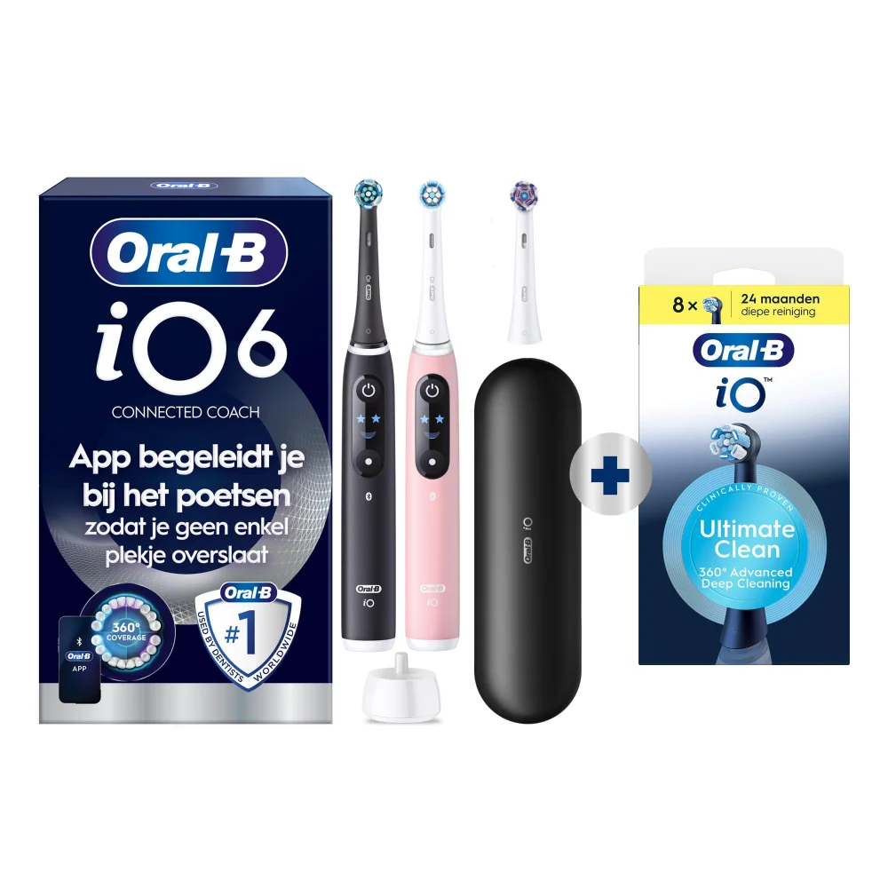 Oral-B iO 6 Elektrische Tandenborstels Zwart & Roze Duoverpakking + 8 Opzetborstels