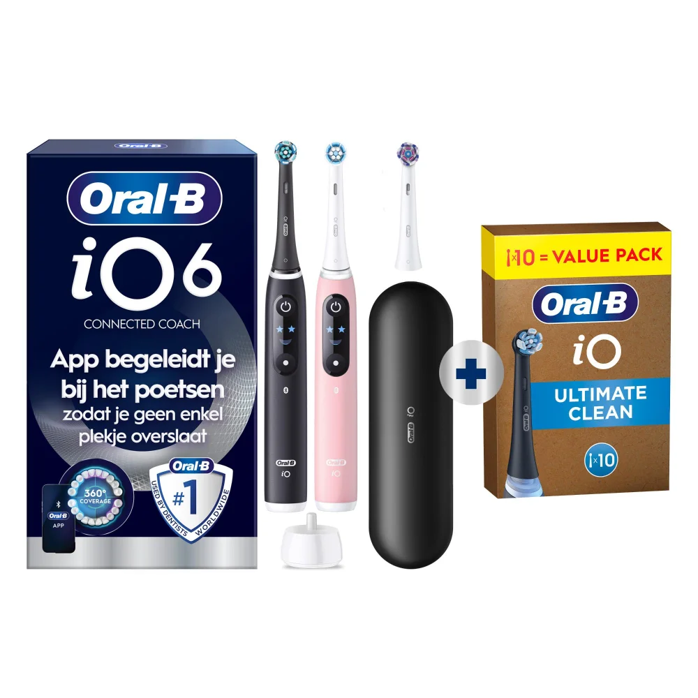 Oral-B iO 6 Elektrische Tandenborstels Zwart & Roze Duoverpakking + 10 Opzetborstels