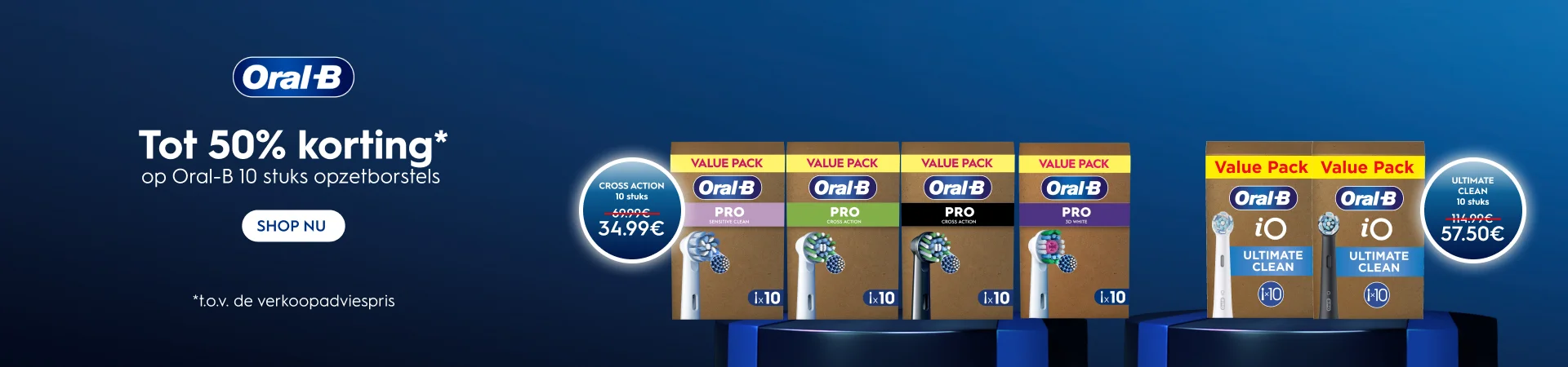 TOT 50% KORTING*. OP ORAL-B 10 STUKS OPZETBORSTELS. aanbieding geldig voor een beperkte tijd. Shop nu