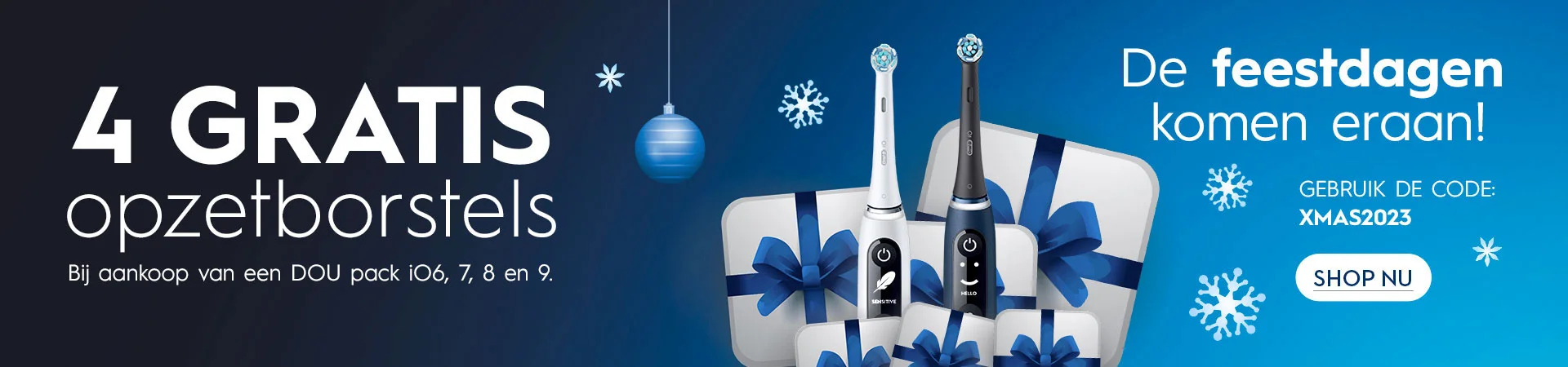 De feestdagen komen eraan! 4 gratis opzetborstels. bij aankoop van een DUO pack iO6, 7, 8, en 9. GEBRUIK DE CODE: XMAS2023